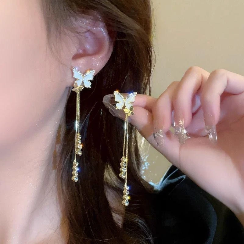 合金锆石耳饰 多戴式蝴蝶结流苏耳环女2025款设计高级感轻奢耳饰