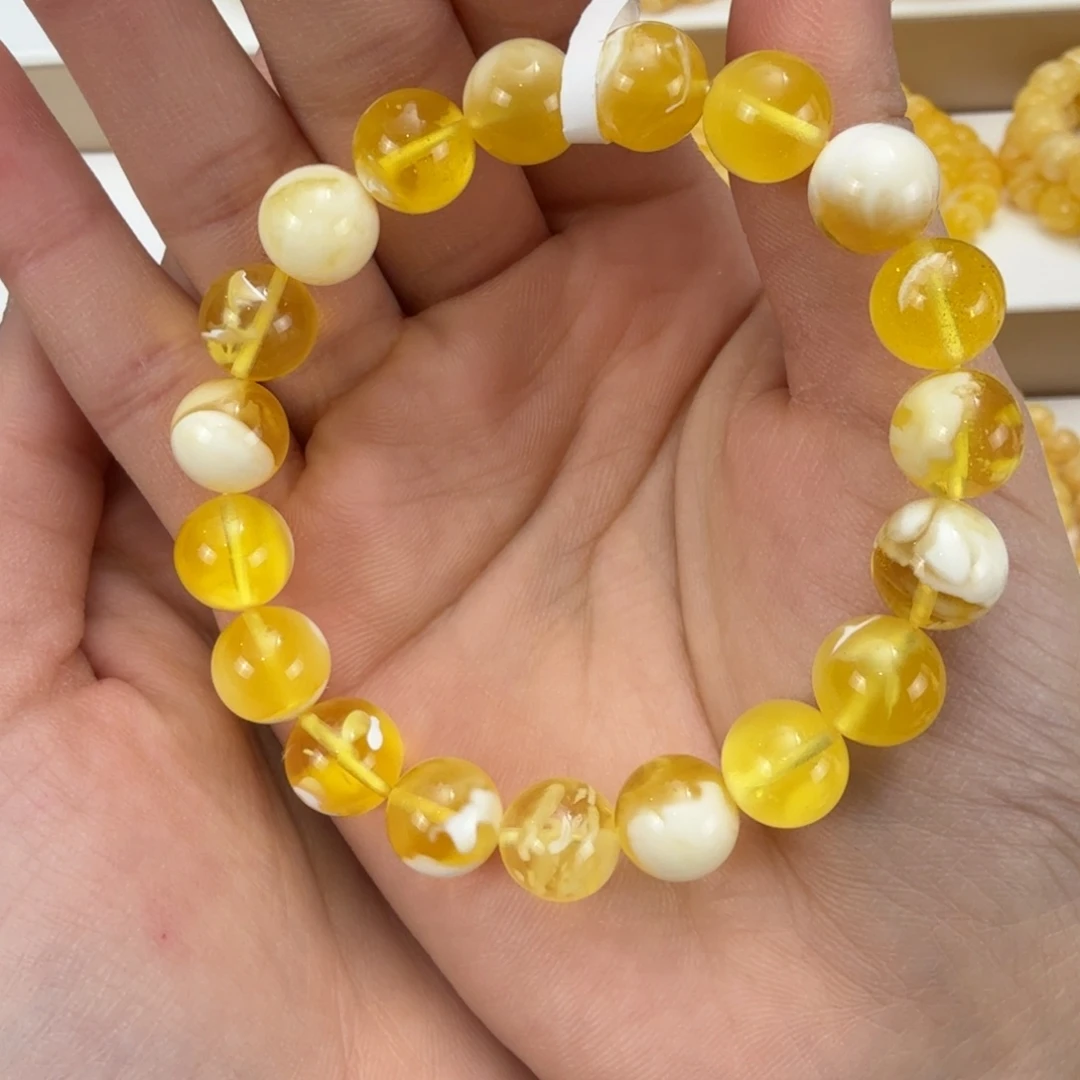 琥珀未镶嵌裸石天然蜜蜡10加金瓷白手串