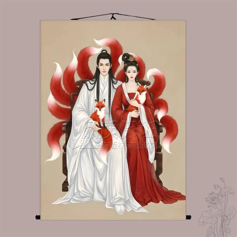 男女九尾狐挂画东北出马堂口客厅供奉胡家娘娘狐狸画像招财卷轴画