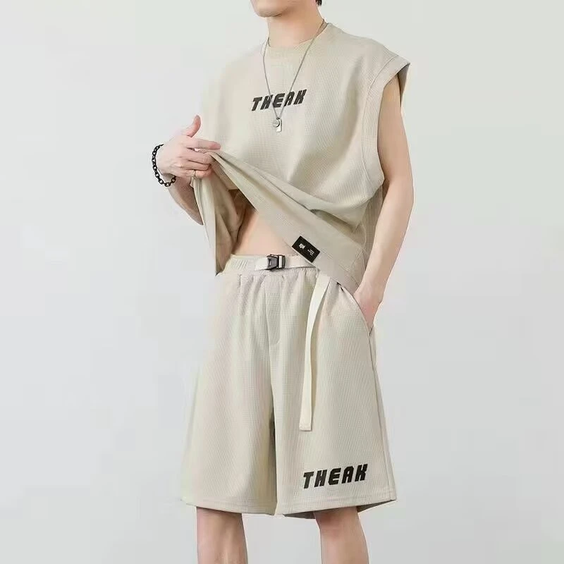 2025华夫格休闲套装男夏季潮流无袖坎肩背心宽松运动休闲两件套