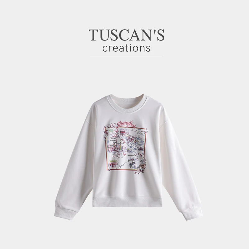 TUSCAN'S CREATIONS秋季时尚休闲印花圆领宽松女士长袖百搭卫衣
