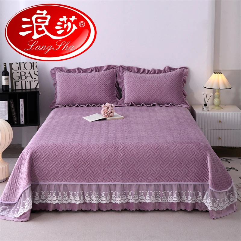 浪莎冬天牛奶绒床盖单件冬季加厚法兰珊瑚绒夹棉床单床裙三件套