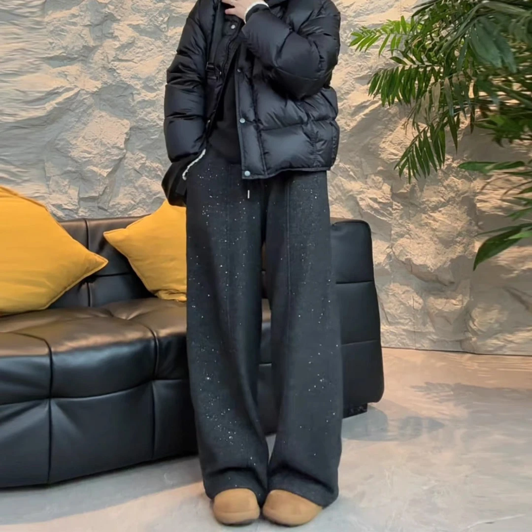 2025新款冬季休闲阔腿弯刀裤加绒加厚潮流休闲撒银弯刀裤