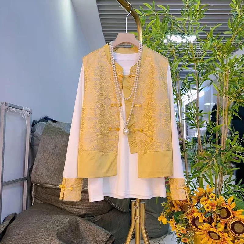 新中式国风复古黄色设计感马甲两件套2025春秋新款女士拼色长袖
