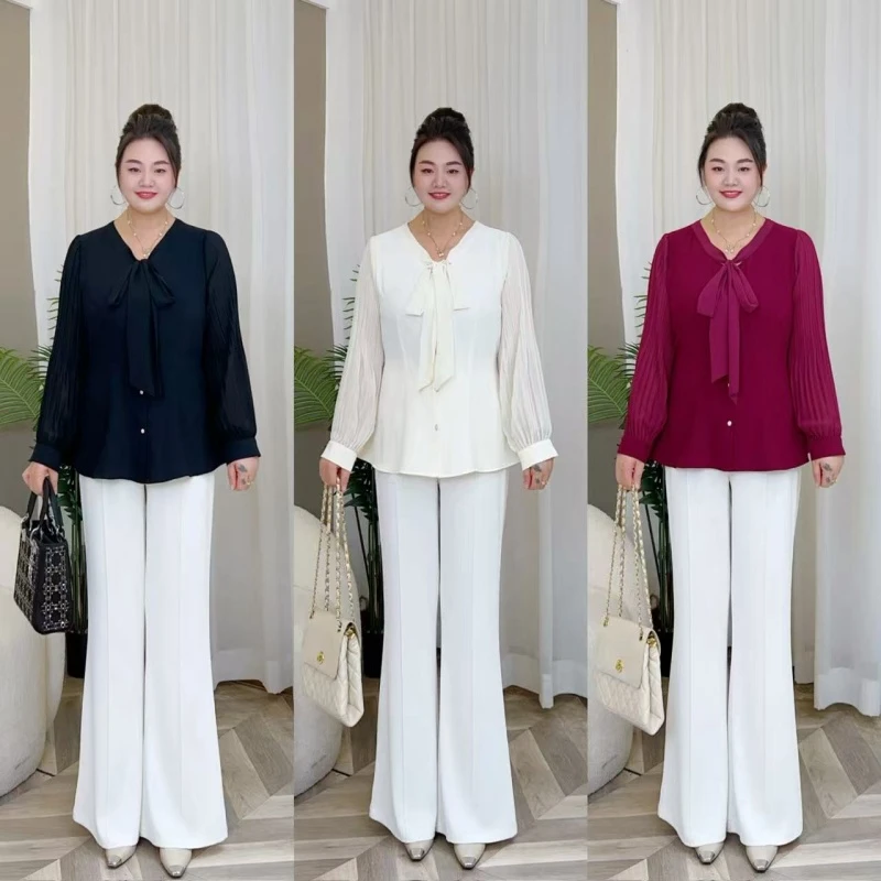 【上新仅上衣】梅姐新款时尚气质蝴蝶结大码女装衬衫上衣MJ9459