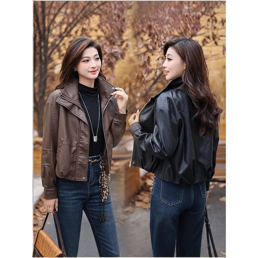 加绒加厚短款皮衣外套女2025秋冬新款宽松显瘦百搭夹克保暖皮夹克