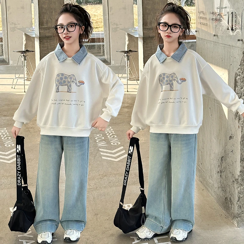 女童春款大象POLO衫套装小女孩2025春秋长袖休闲卫衣牛仔裤两件套