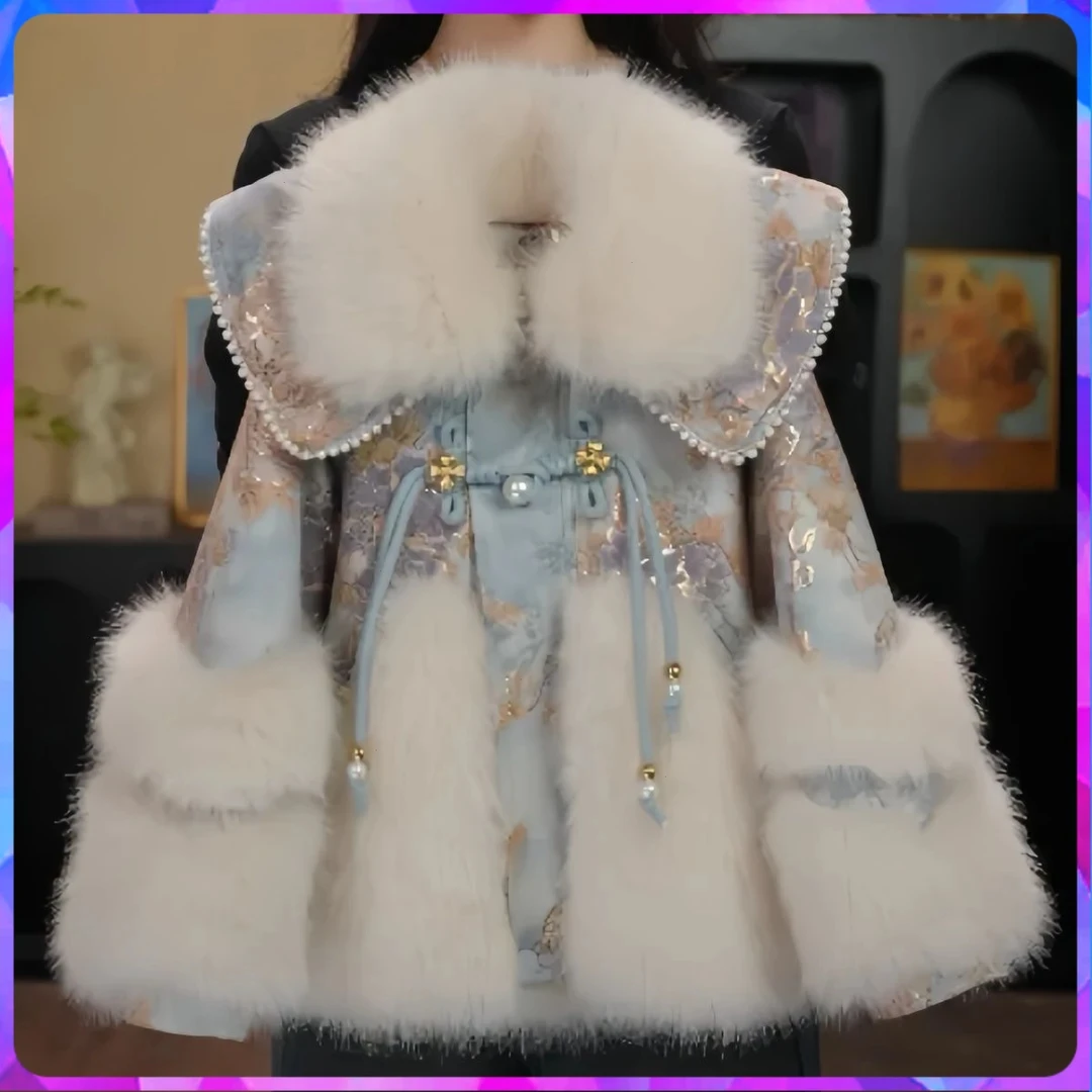 女童仿皮草外套2025冬装新款中大童冬季加绒派克服洋气网红拜年服