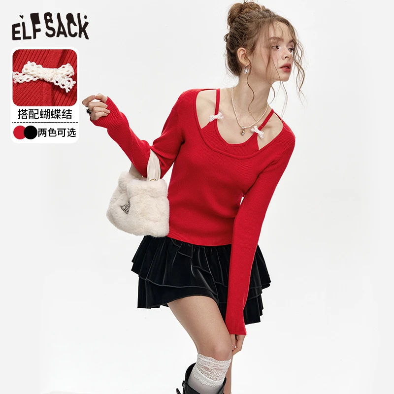 妖精的口袋 玫瑰的心机 假两件挂脖红色针织衫女2024冬新款圣诞