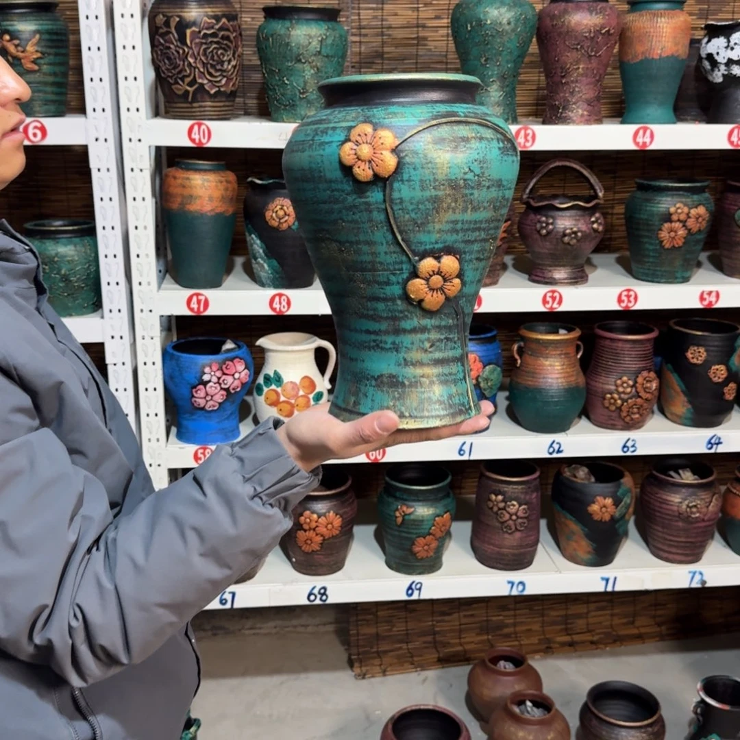 红陶红陶浮雕花盆炸炸炸