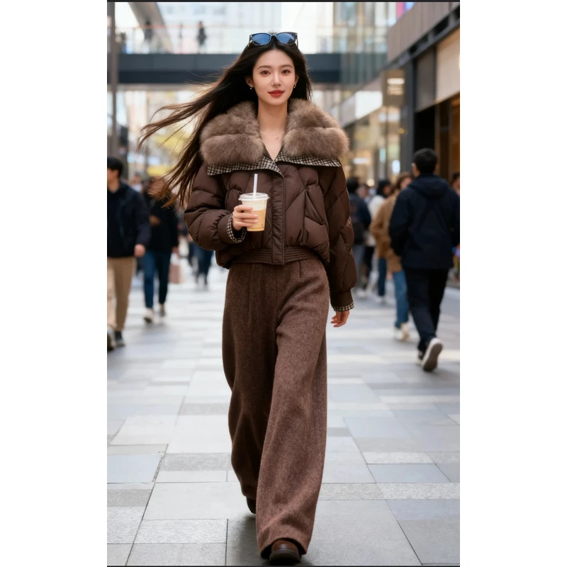 【高定】英伦风 格子拼接毛领鹅绒服设计师短款外套 651S1029