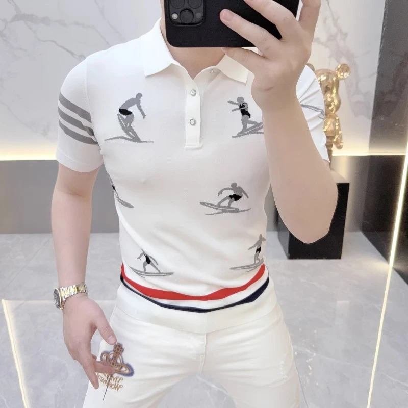 男士polo衫2025夏季新款条纹个性修身提花伊力特冰丝短袖T恤男潮