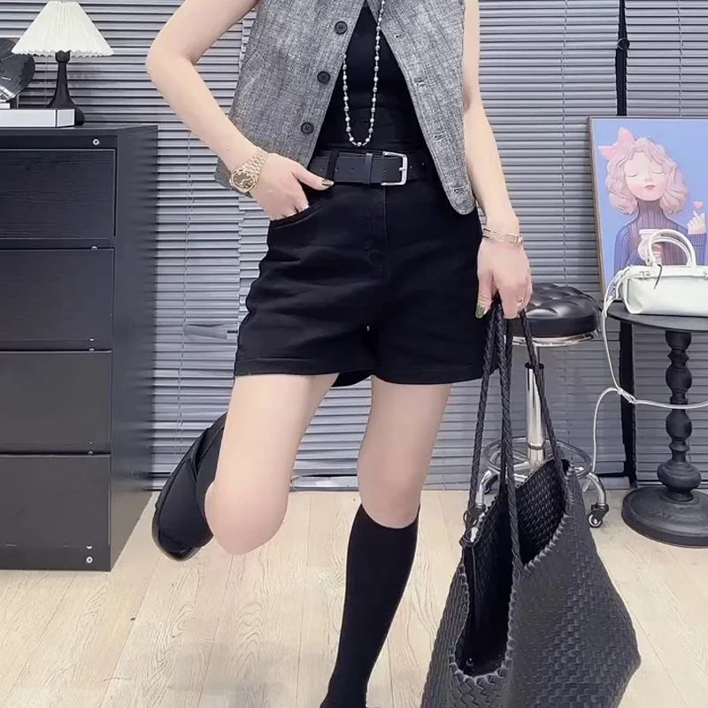 夏季薄款黑色牛仔短裤女大码胖mm高腰弹力遮胯显瘦a字阔腿热裤子