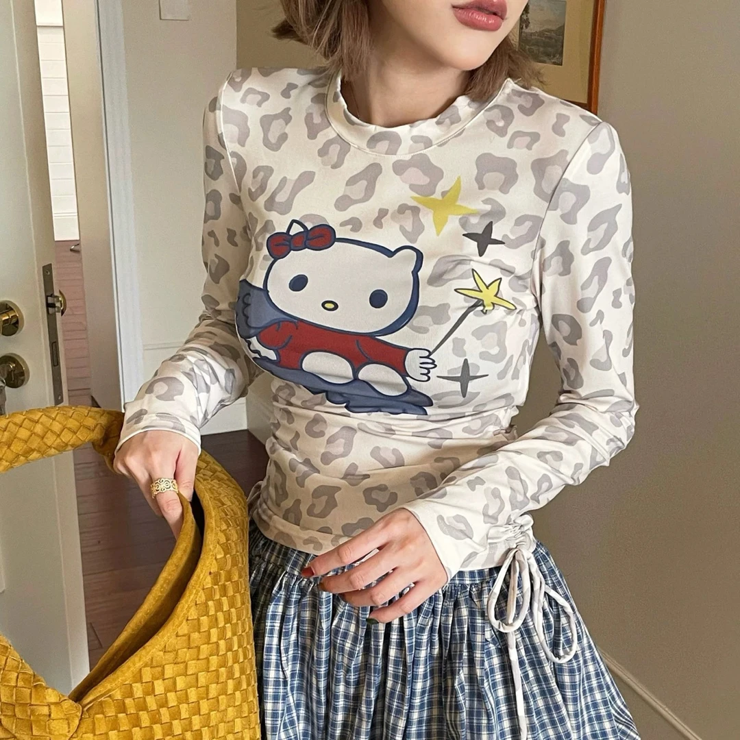 深圳MMOUHUO新款趣味可爱天使猫咪豹纹印花下摆绑带 T恤