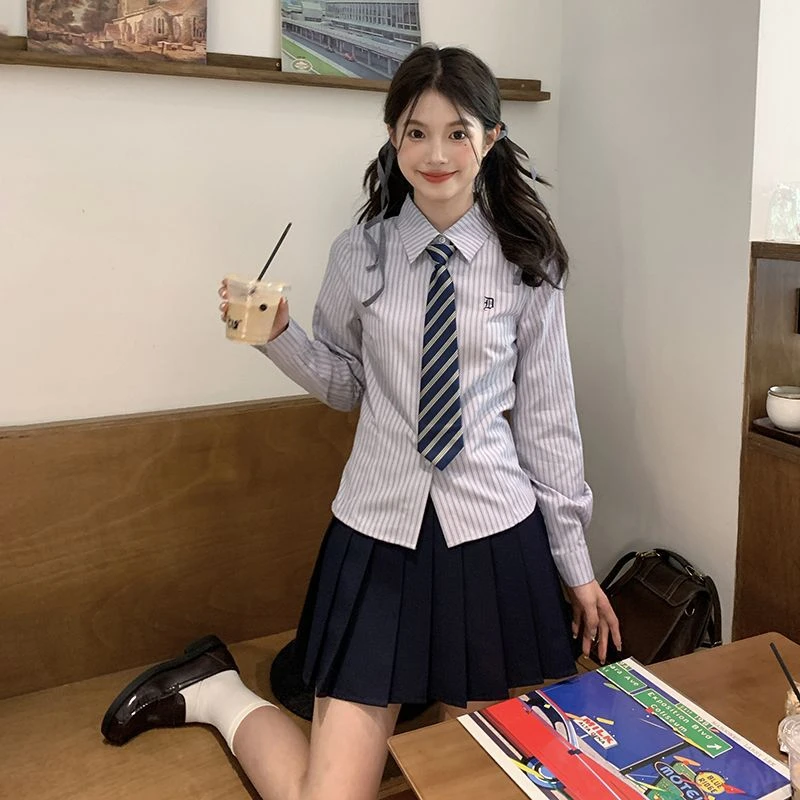 刺绣蓝色套装条纹jk原创制服衬衫收腰长袖上衣2024学院风新款衬衣