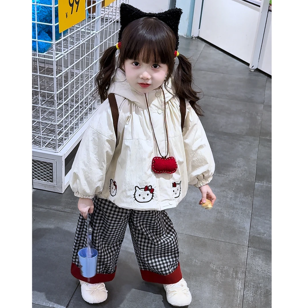 高品质新款女童韩版宽松夹棉外套搭配格子一体绒休闲裤～