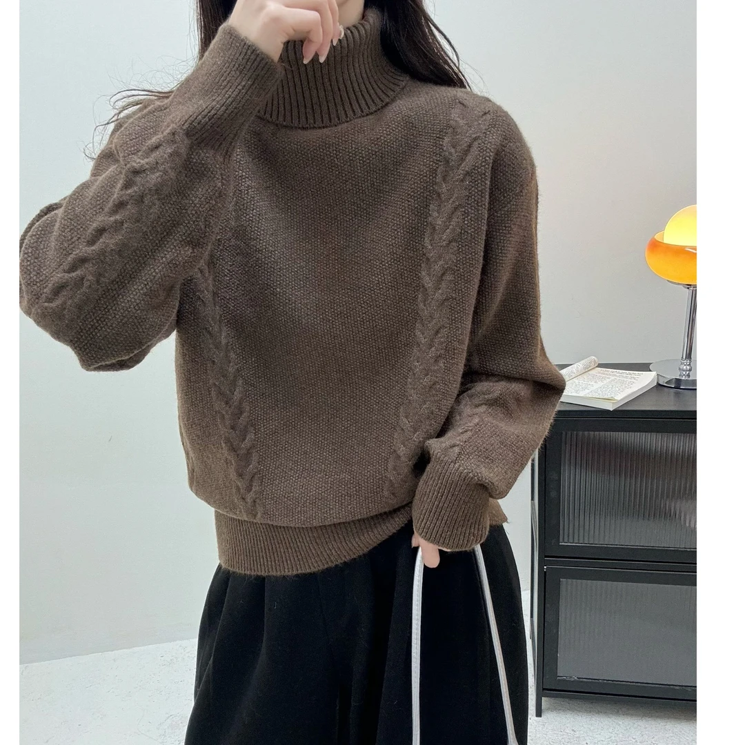 2252【两条麻花翻领毛衣】秋冬新款半高领宽松毛衣女士打底衫