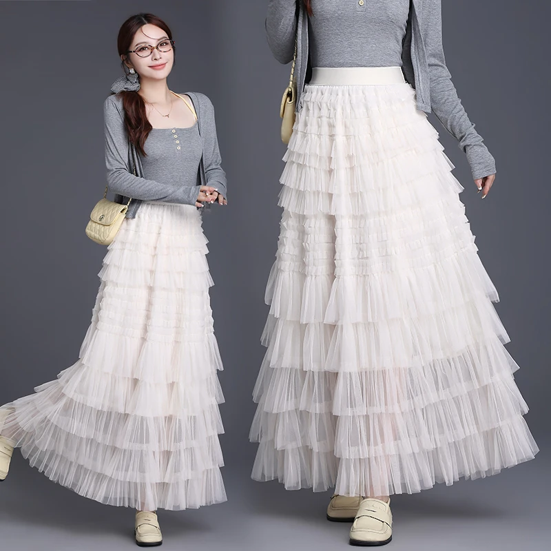 拉夏贝尔网纱蛋糕半身裙女2025春季新款仙女纱裙高级感百褶长裙