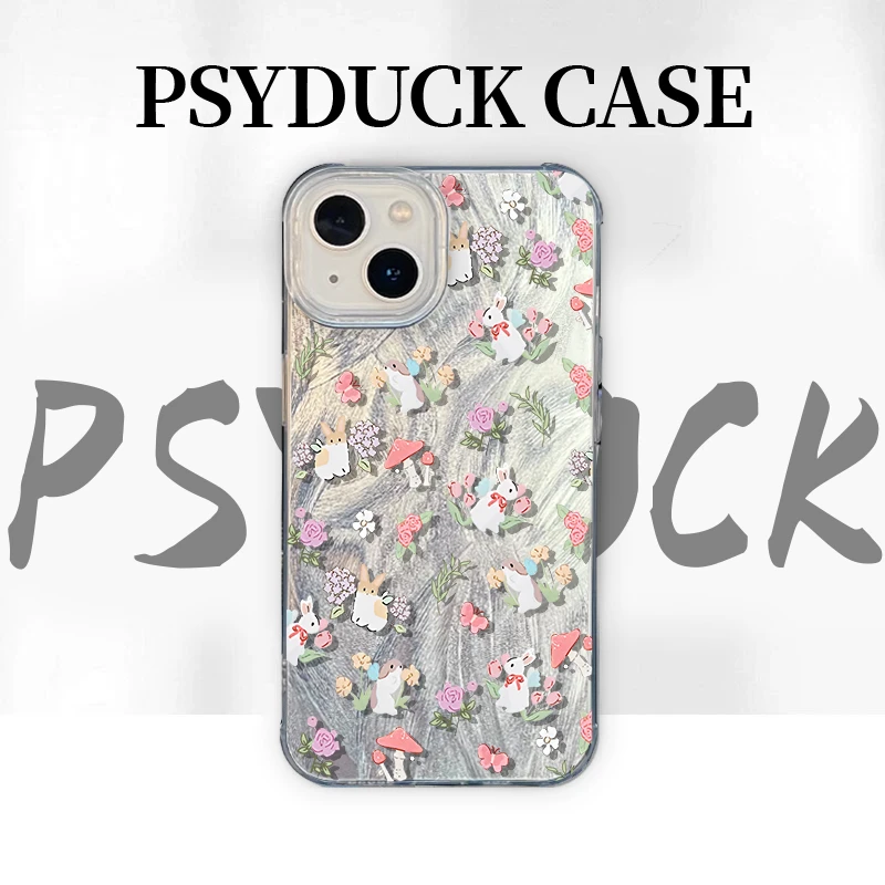 适用苹果华为一加小米兔子蘑菇碎花IMD羽纱卡通动漫防摔手机壳