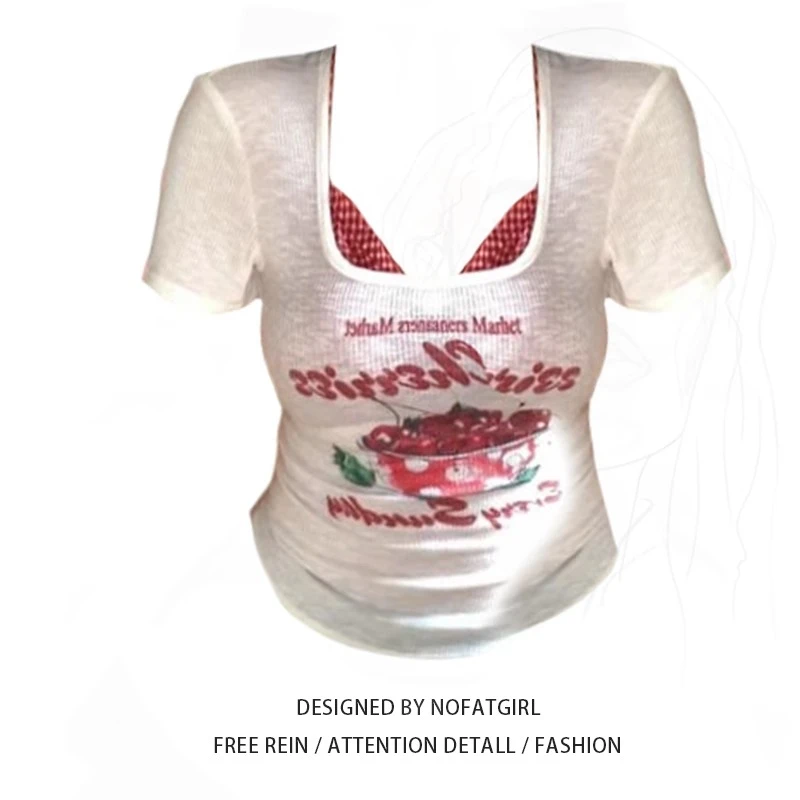 大码胖MM美式甜心辣妹印花方领短袖t恤女夏季格纹吊带叠穿两件套