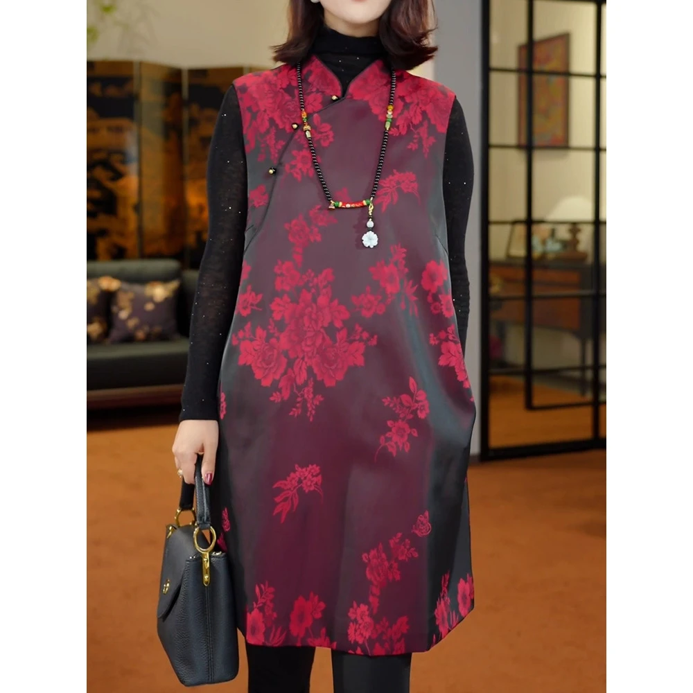 高级感文艺风印花立领无袖连衣裙2026春季新款贵夫人新中式马甲裙