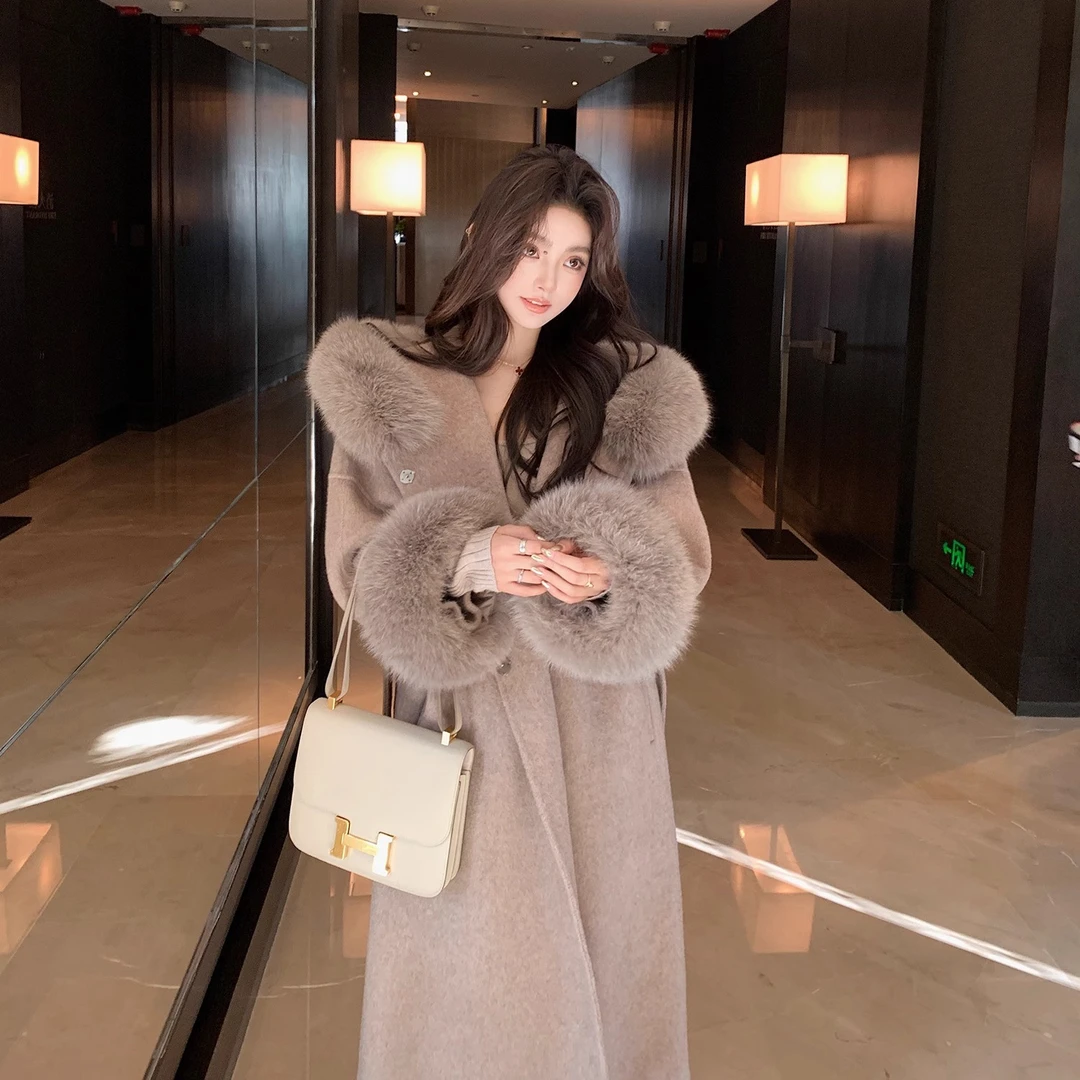 "战袍大衣"老钱风双面羊毛大衣女2025冬季新款高奢大毛领毛呢外套