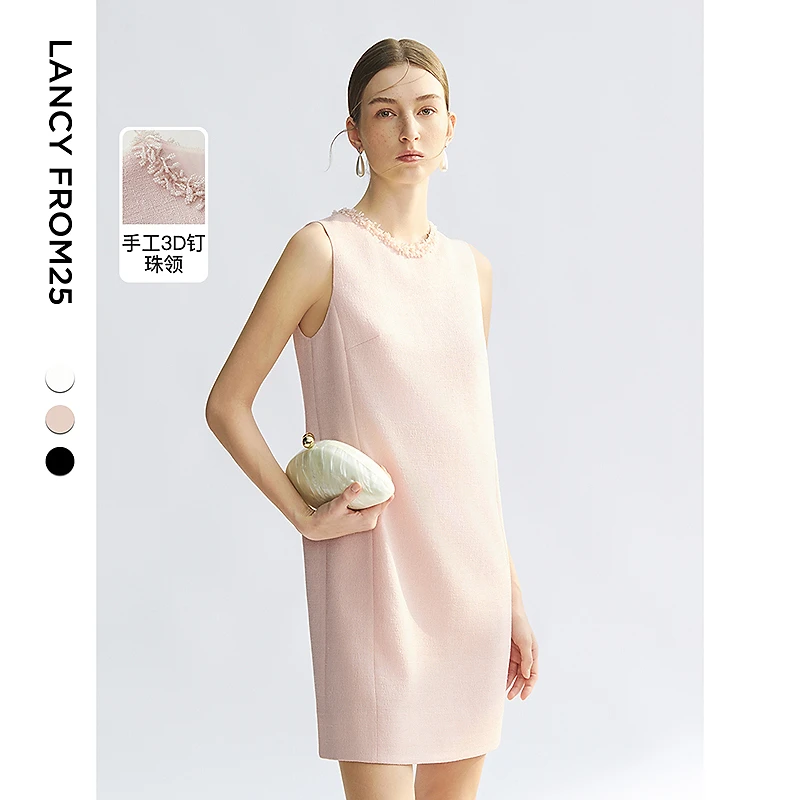 朗姿2025夏季新款无袖圆领连衣裙女直筒重工钉珠优雅通勤都市裙子