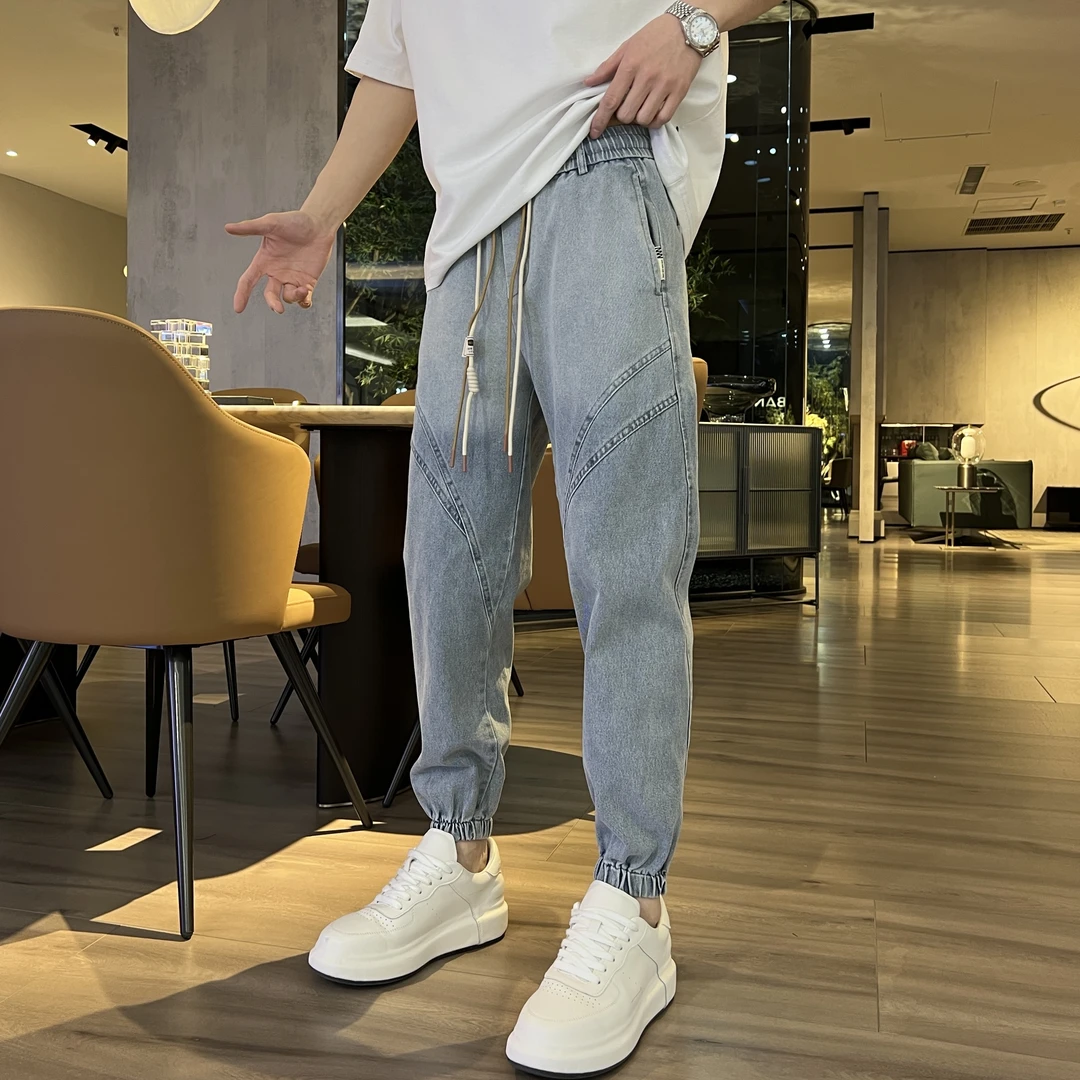 春夏新款渐变色宽松束脚裤青年水洗复古牛仔裤男士长裤哈伦裤5888