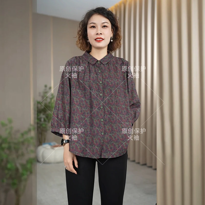 火袖F755单排扣娃娃领印花上衣女2025早春新款七分袖大码妈妈小衫