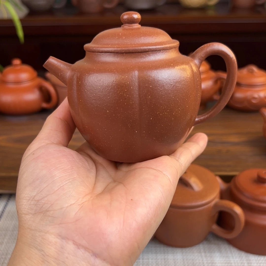 紫砂茶壶红降坡筋纹半手瑕品220cc
