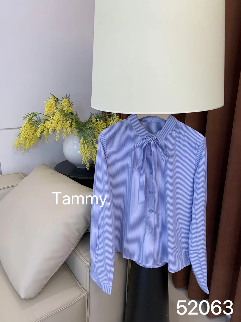 Tammy立领蝴蝶结条纹衬衫女秋季外套衬衣女款法式日系长袖秋装