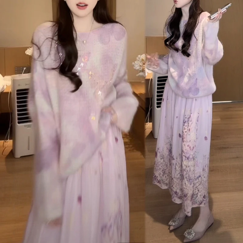 早秋新款晕染蝴蝶针织衫女宽松大码慵懒风减龄洋气套头长袖毛衣女