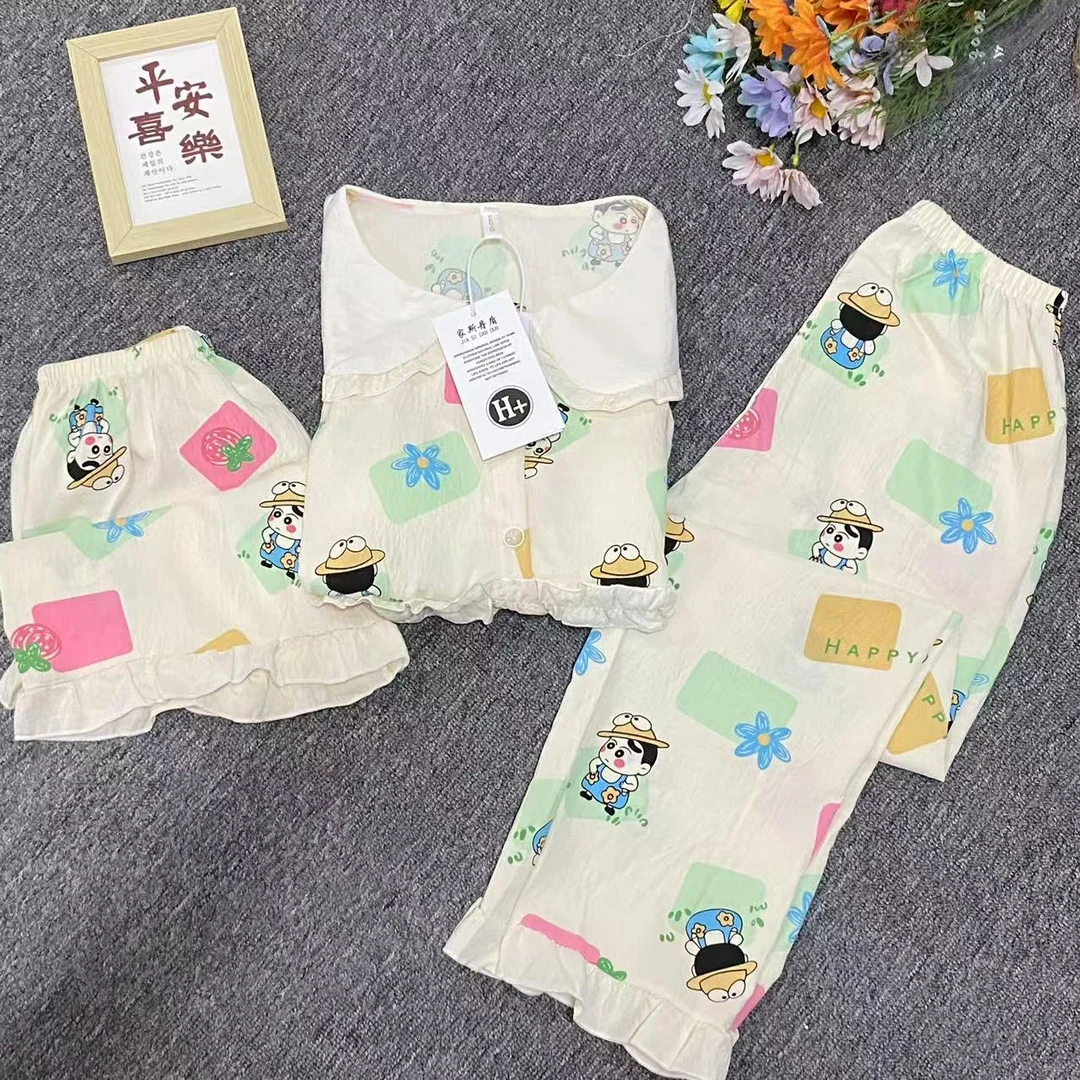 【653-蜡笔小新带胸垫】短袖三件套甜美风睡衣女夏季新款开衫家居服