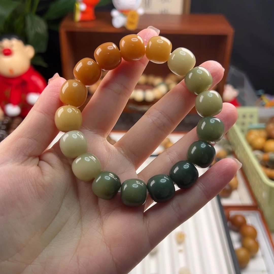 菩提根/象牙果手串卡14微瑕黄绿渐变桶珠