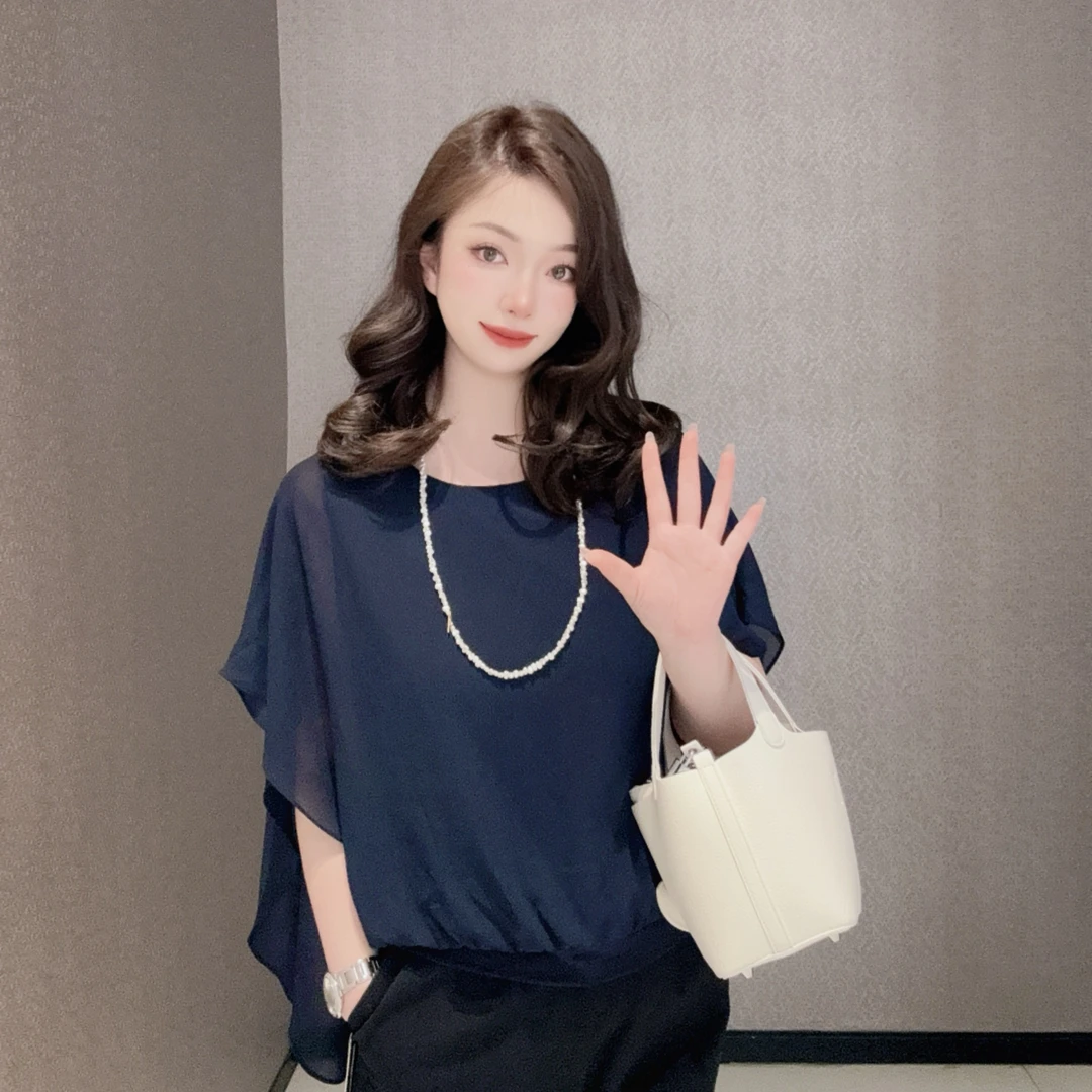 GIRDEAR/哥弟气质时髦浪漫圆领飘纱宽松百搭显瘦上衣衬衫1300398