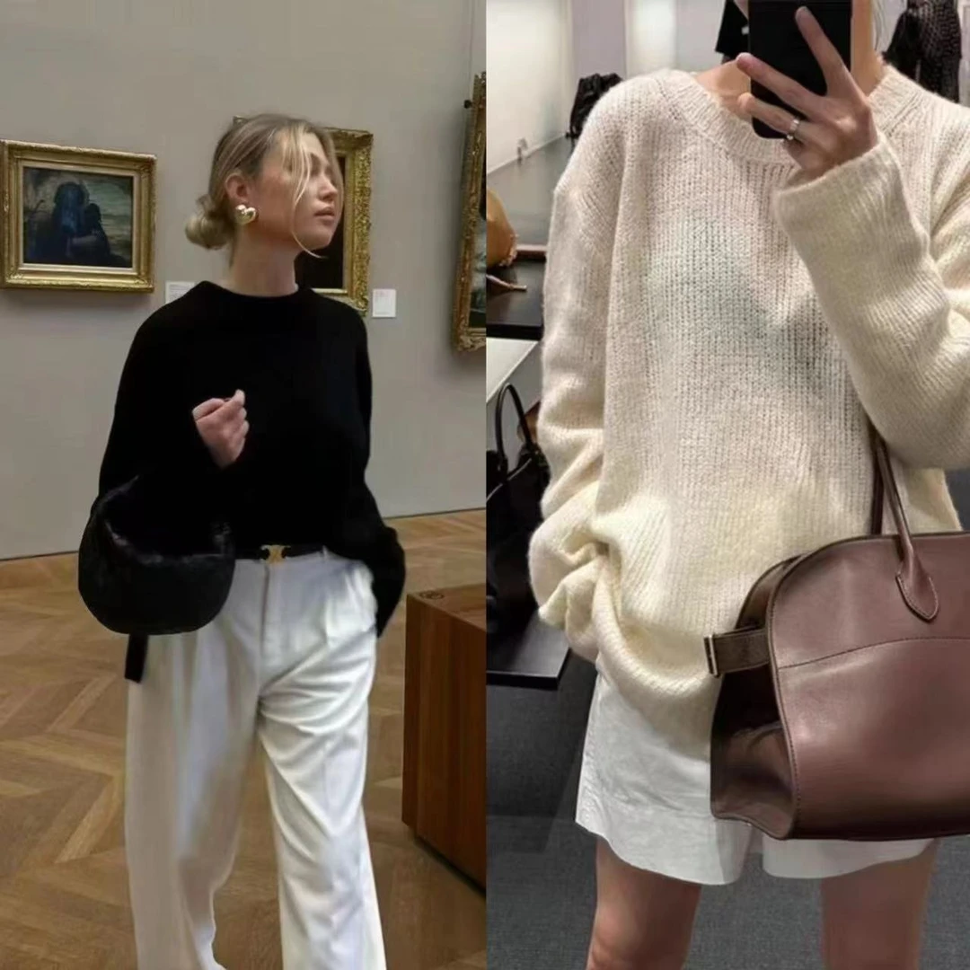 “随时要穿的”极简风天花板毛绒感很高级双色毛衣时尚百搭宽松圆领