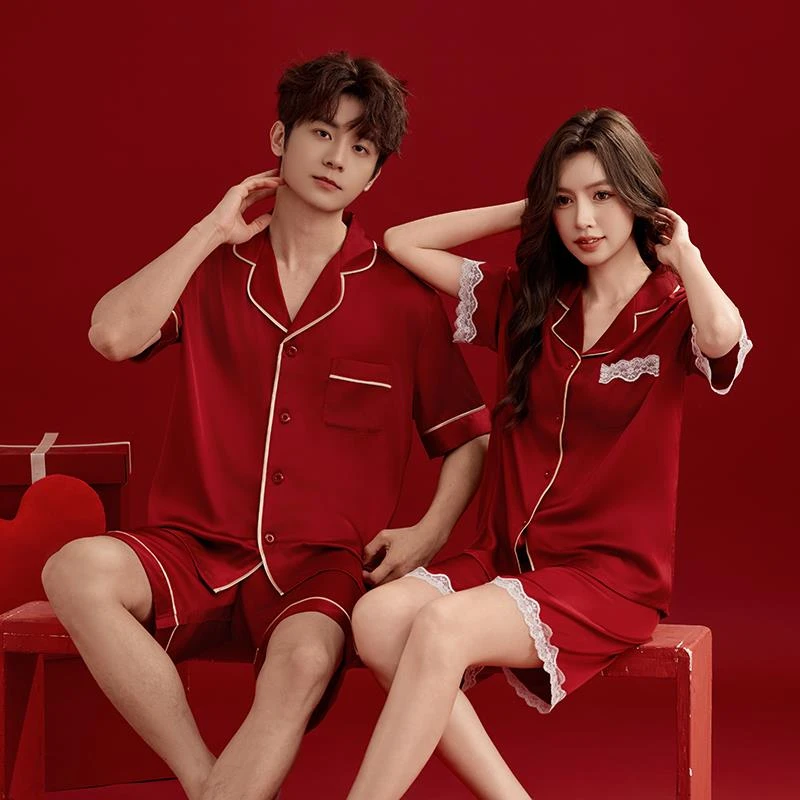 结婚睡衣新婚情侣女冰丝短袖男士高级婚用婚礼礼盒新款家居服套装