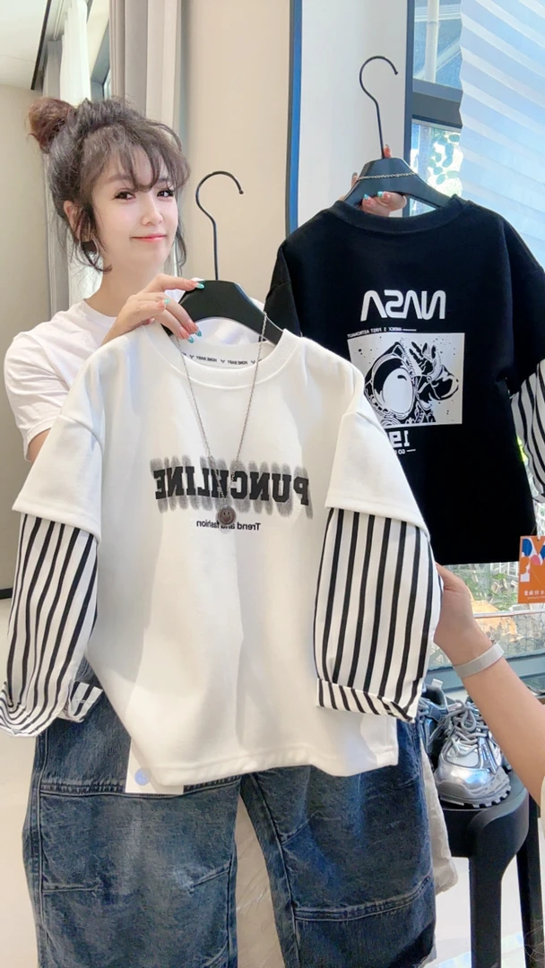 男潮流韩版童装2025儿童潮酷拼接假两件秋卫衣中大童套头长袖T恤