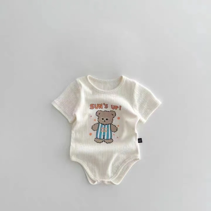 A韩版ins毛绒熊公仔毛毛熊短袖透气轻薄哈衣夏季童装清凉家居服