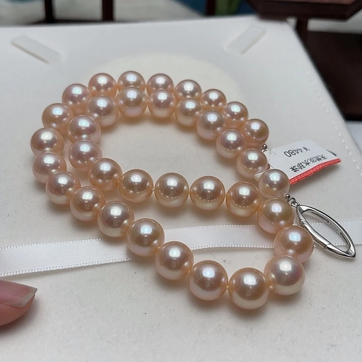 颈饰银S925镶嵌淡水珍珠10-12正圆特选粉金