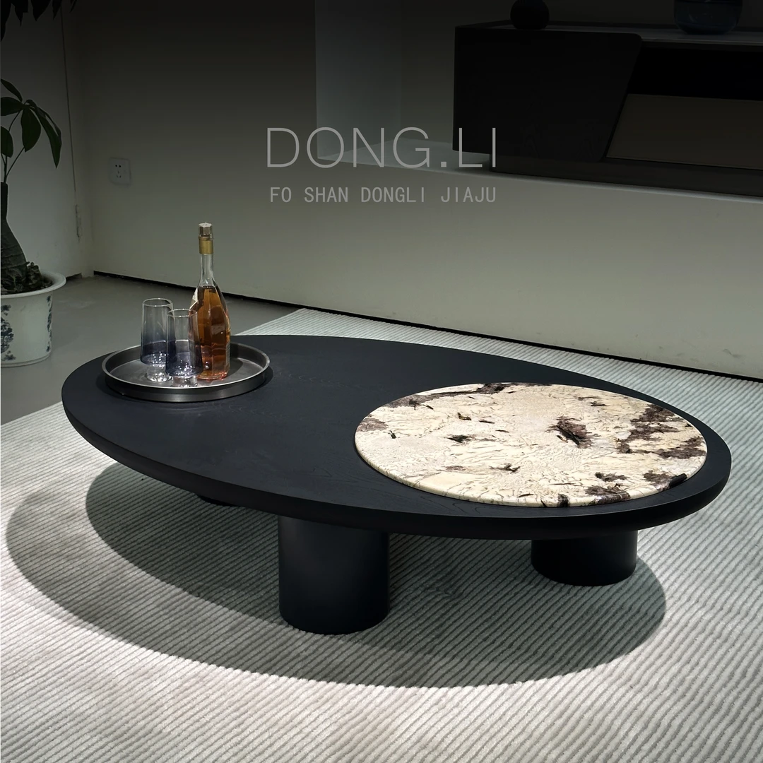 【月泊茶几】意式极简创意椭圆天然大理石奢石客厅木质茶几家用