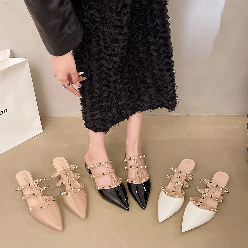 高跟气质包半拖鞋女2025新款夏外穿粗跟纯欲超仙穆勒鞋铆钉凉鞋