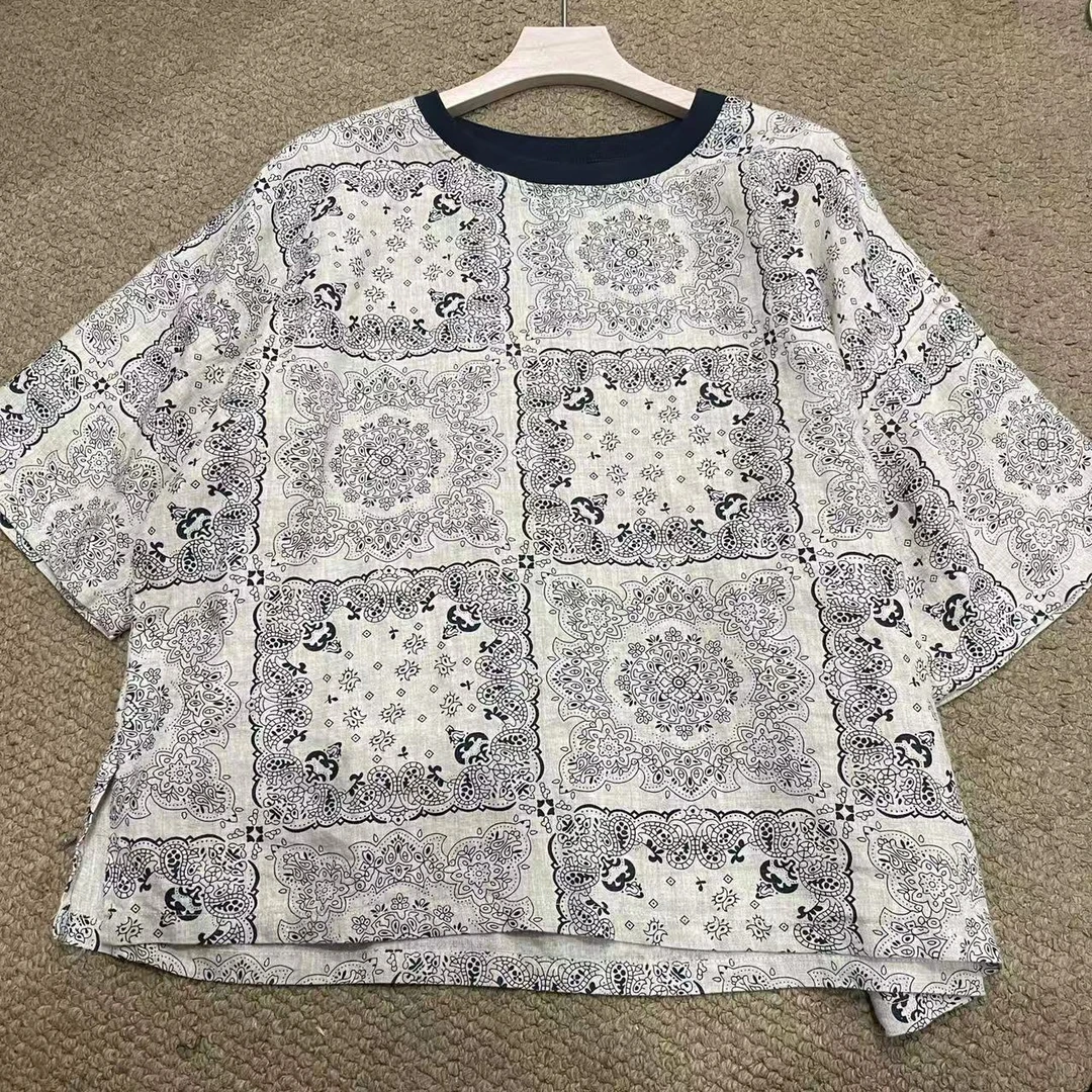 2515 夏季印花短袖圆领休闲麻料上衣