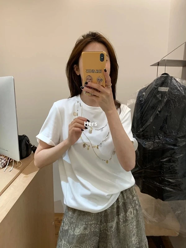 egg 夏上新简约博主调性手工串珠项链图案短袖T恤
