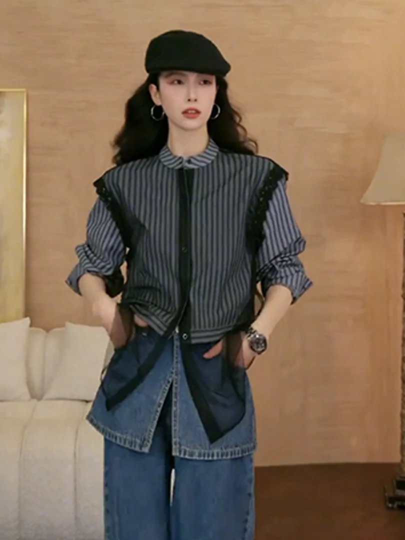 韩版气质通勤条纹长袖网纱衬衫2025秋季新款时尚御姐衬衣上衣女装