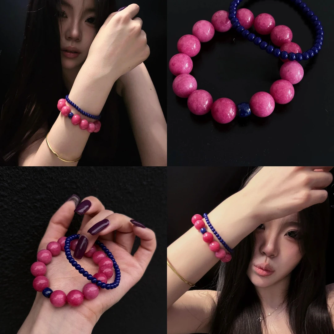 铜合金手链 夏季新款~粉色红蔷薇12mm手串女款手链轻奢海边度假风