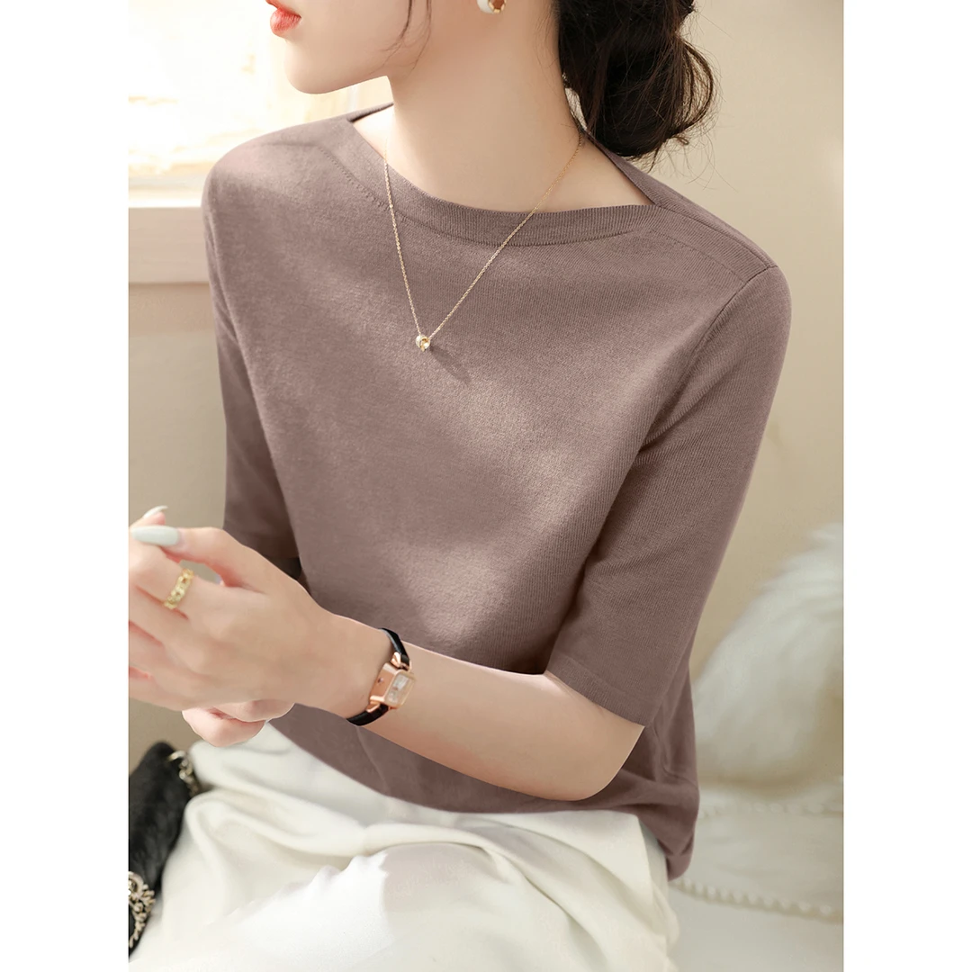 2025新款夏季修身中袖打底衫女法式一字领套头五分袖针织简约上衣
