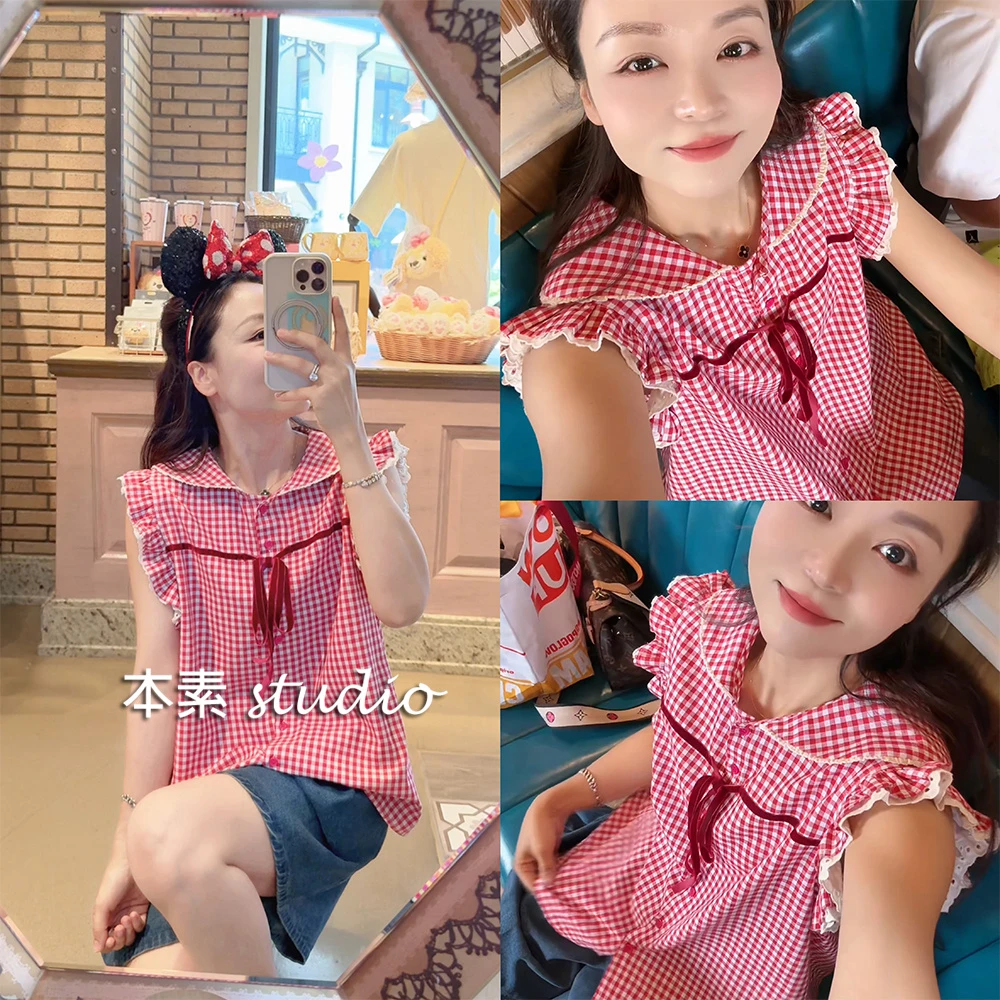 糖渍樱桃Y2586格纹蕾丝拼接系带全开扣娃娃领小飞袖衬衫