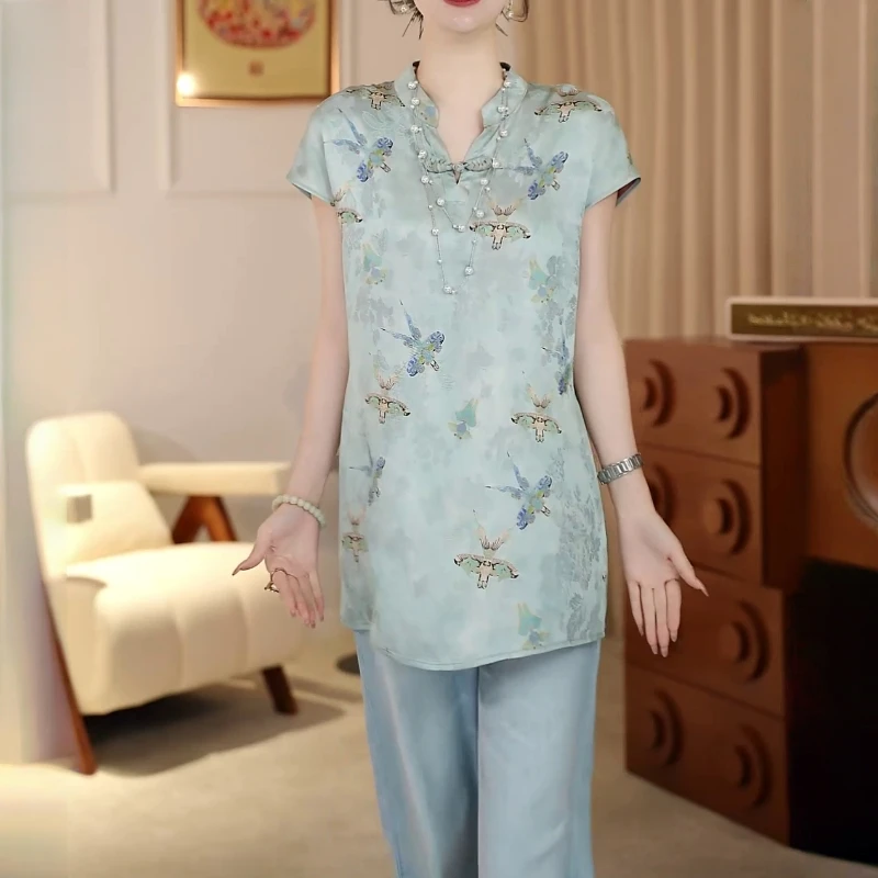 气质休闲短袖衬衫女2025夏季新品复古中式显瘦中长款小飞袖上衣潮