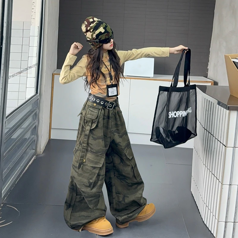 女童迷彩裤子春秋2025新款洋气中大童街舞阔腿裤裤儿童棉布工装裤